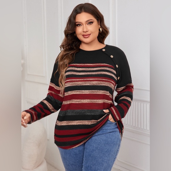 Plus Size Decorative Button Striped Round Neck Long Sleeve T-Shirt - Picture 4 of 7